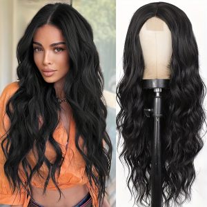 26 Inch Women's Black Long Wave Non-Toxic Synthetic Wig, Heat-Resistant Small Lace Natural Hairpiece for All Occasions