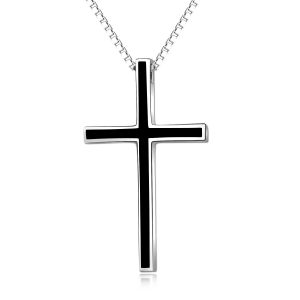 Men's Black Cross Pendant Necklace - Classic 925 Sterling Silver Jewelry