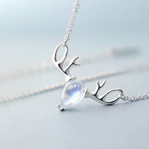 S925 Elk Necklace with Forest Moonstone Pendant on Clavicle Chain
