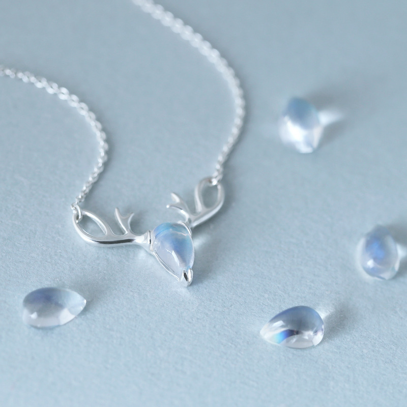 S925 Elk Necklace with Forest Moonstone Pendant on Clavicle Chain - Image 5