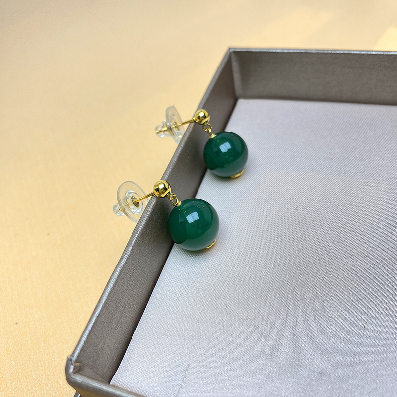 Sterling Silver Simple High Stud Earrings with Natural Green Agate for Women