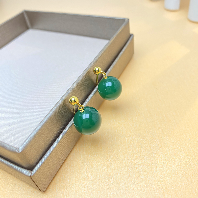 Sterling Silver Simple High Stud Earrings with Natural Green Agate for Women - Image 3