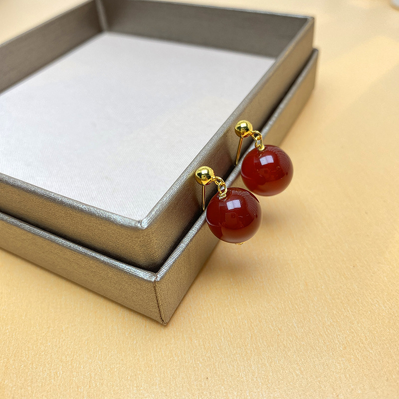 Sterling Silver Simple High Stud Earrings with Natural Green Agate for Women - Image 4