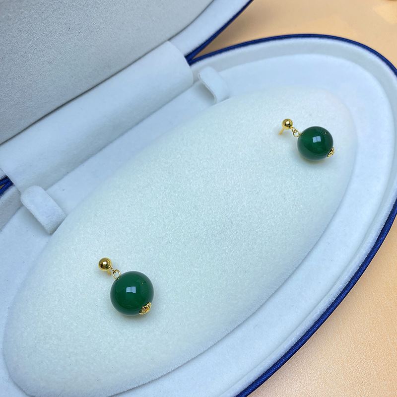 Sterling Silver Simple High Stud Earrings with Natural Green Agate for Women - Image 5