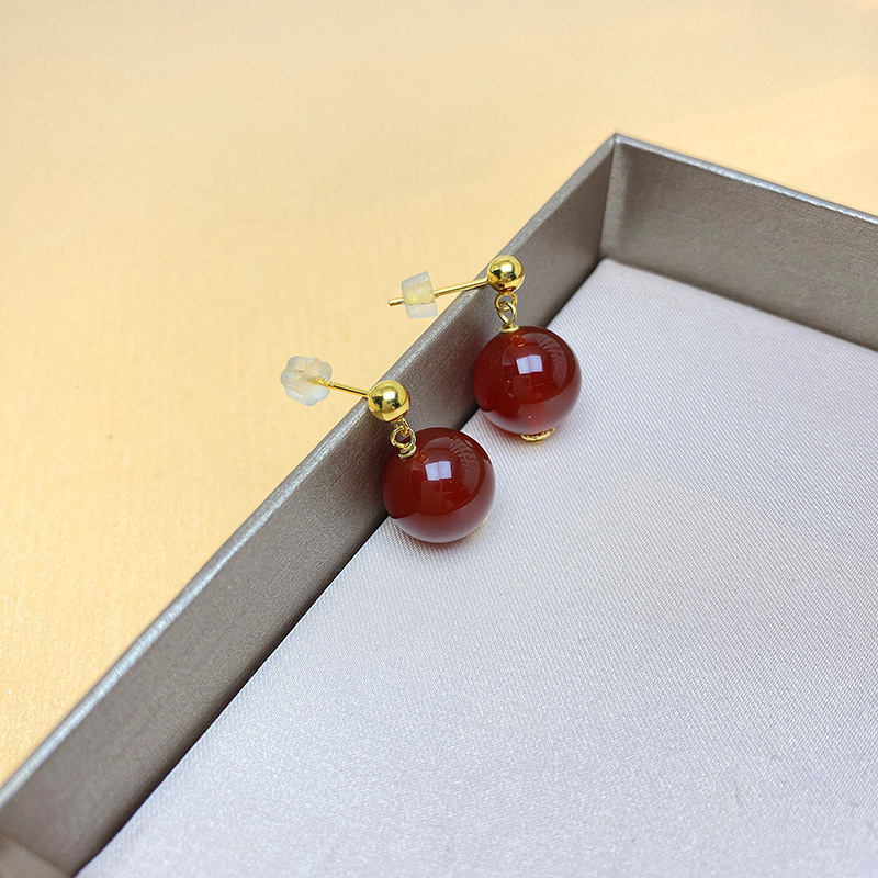 Sterling Silver Simple High Stud Earrings with Natural Green Agate for Women - Image 7