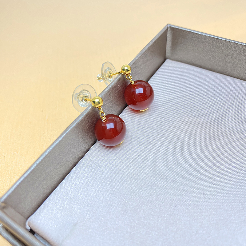 Sterling Silver Simple High Stud Earrings with Natural Green Agate for Women - Image 8