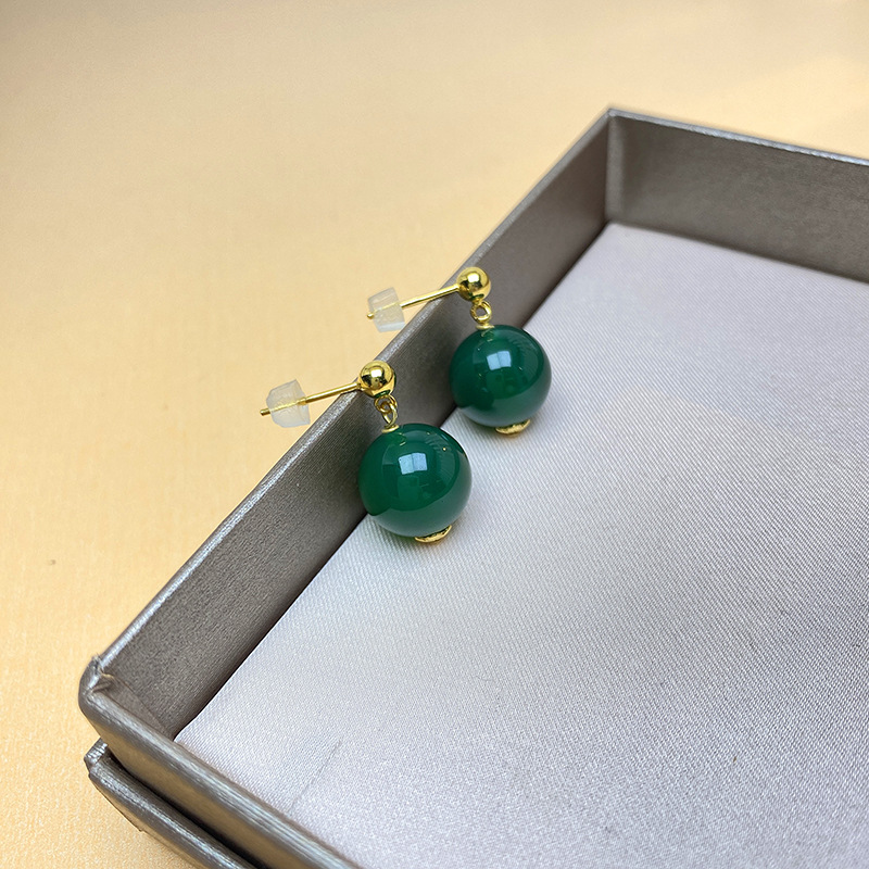 Sterling Silver Simple High Stud Earrings with Natural Green Agate for Women - Image 9