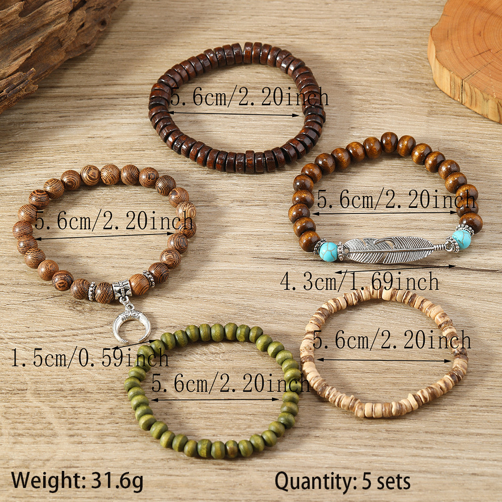 Chic Bohemian Feather Crescent Wooden Bead Bracelet for Stylish Looks - Image 3