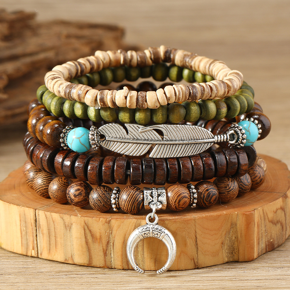 Chic Bohemian Feather Crescent Wooden Bead Bracelet for Stylish Looks - Image 6