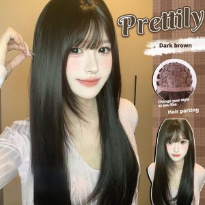 Natural Full-Head Wig for Women - Dark Brown Round Face Style