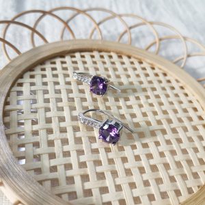 Sterling Silver Needle Ear Hook with Four-Claw Purple Diamond Gem