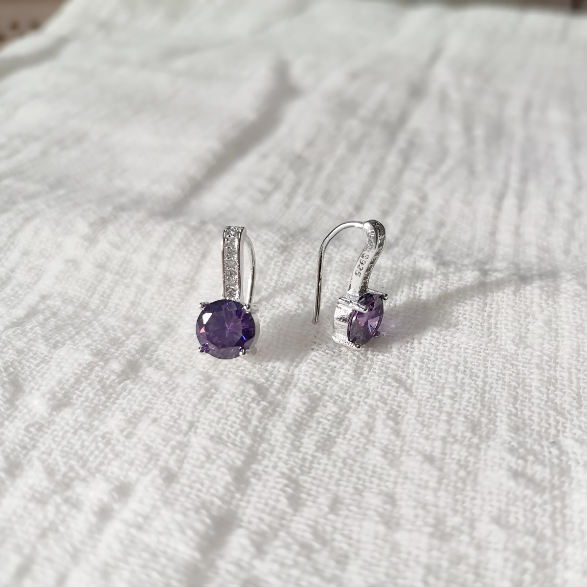 Sterling Silver Needle Ear Hook with Four-Claw Purple Diamond Gem - Image 3