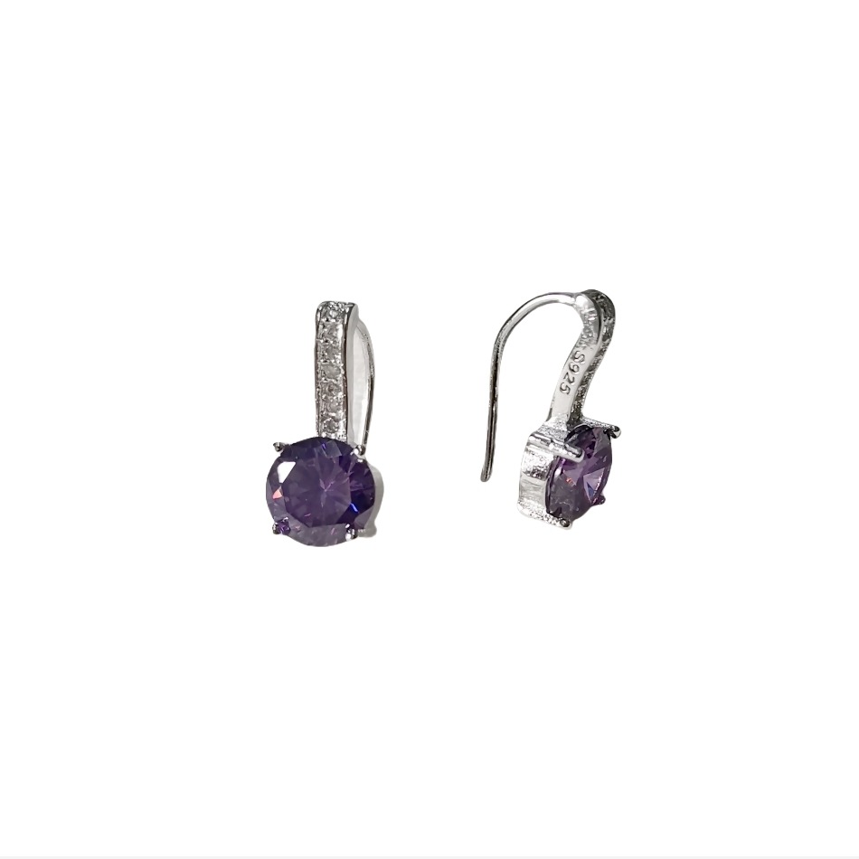 Sterling Silver Needle Ear Hook with Four-Claw Purple Diamond Gem - Image 5