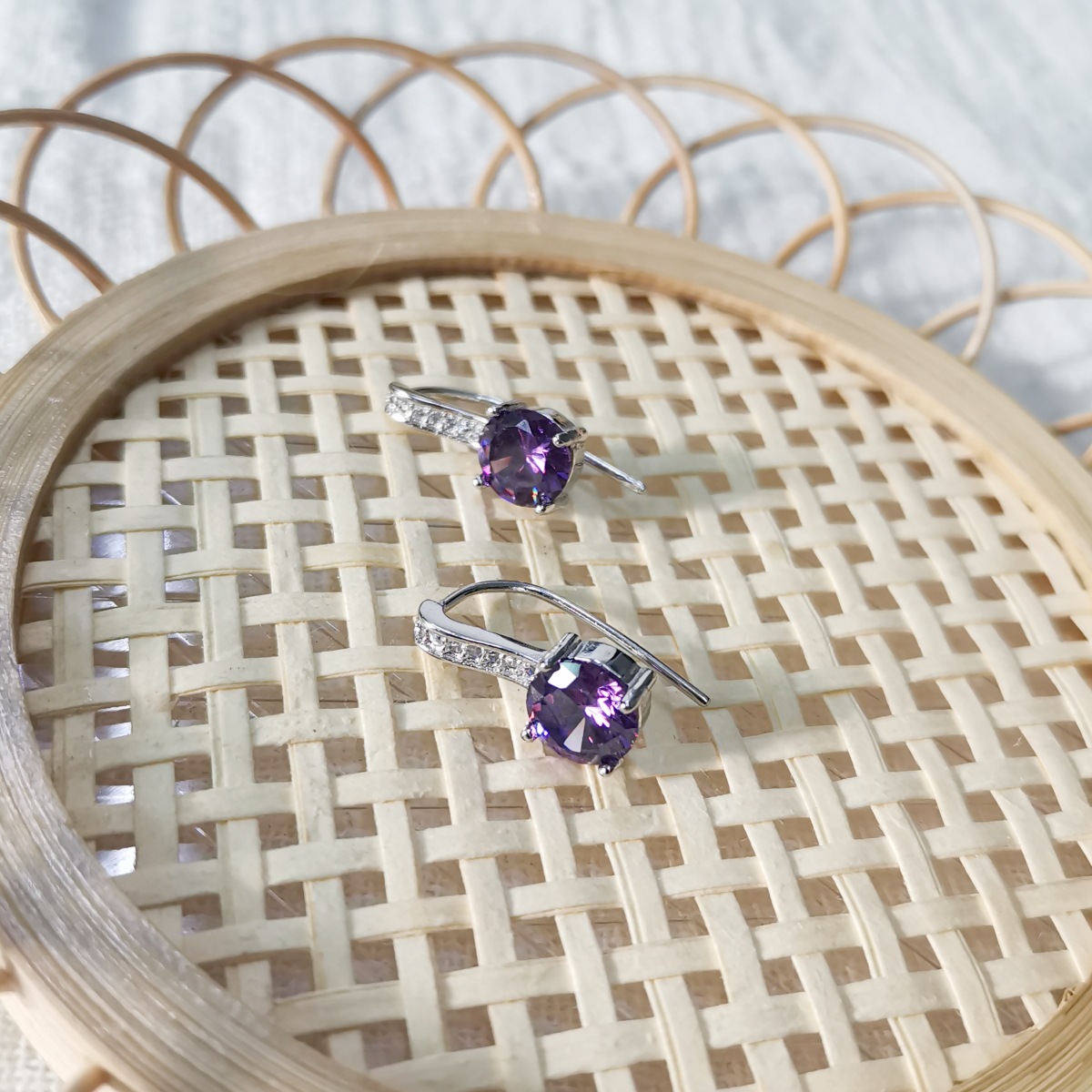 Sterling Silver Needle Ear Hook with Four-Claw Purple Diamond Gem - Image 6