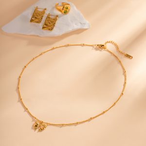 Elegant 18K Gold Stainless Steel Bead Chain Butterfly Pendant Necklace - Light Luxury