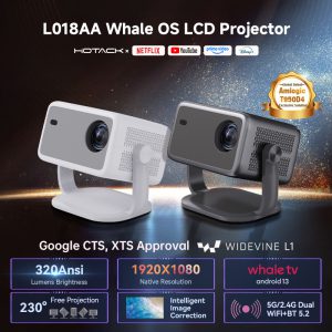 L018AA Whale OS LCD Projector - 320 ANSI Lumens, 1920x1080P, Android 13, Netflix & YouTube Authorized