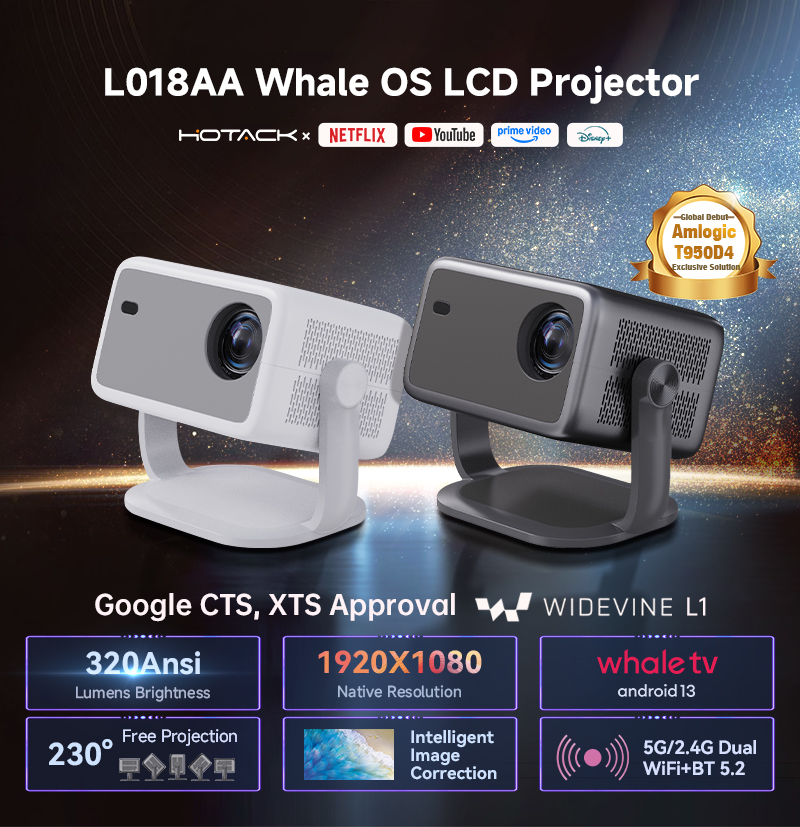 L018AA Whale OS LCD Projector - 320 ANSI Lumens, 1920x1080P, Android 13, Netflix & YouTube Authorized