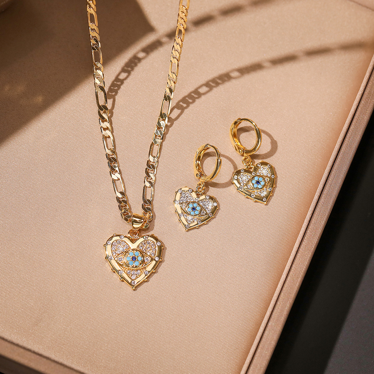 Stylish Copper Plated Real Gold Heart-Shaped Zircon Pendant Necklace & Earring Set - Fashion Jewelry Suite