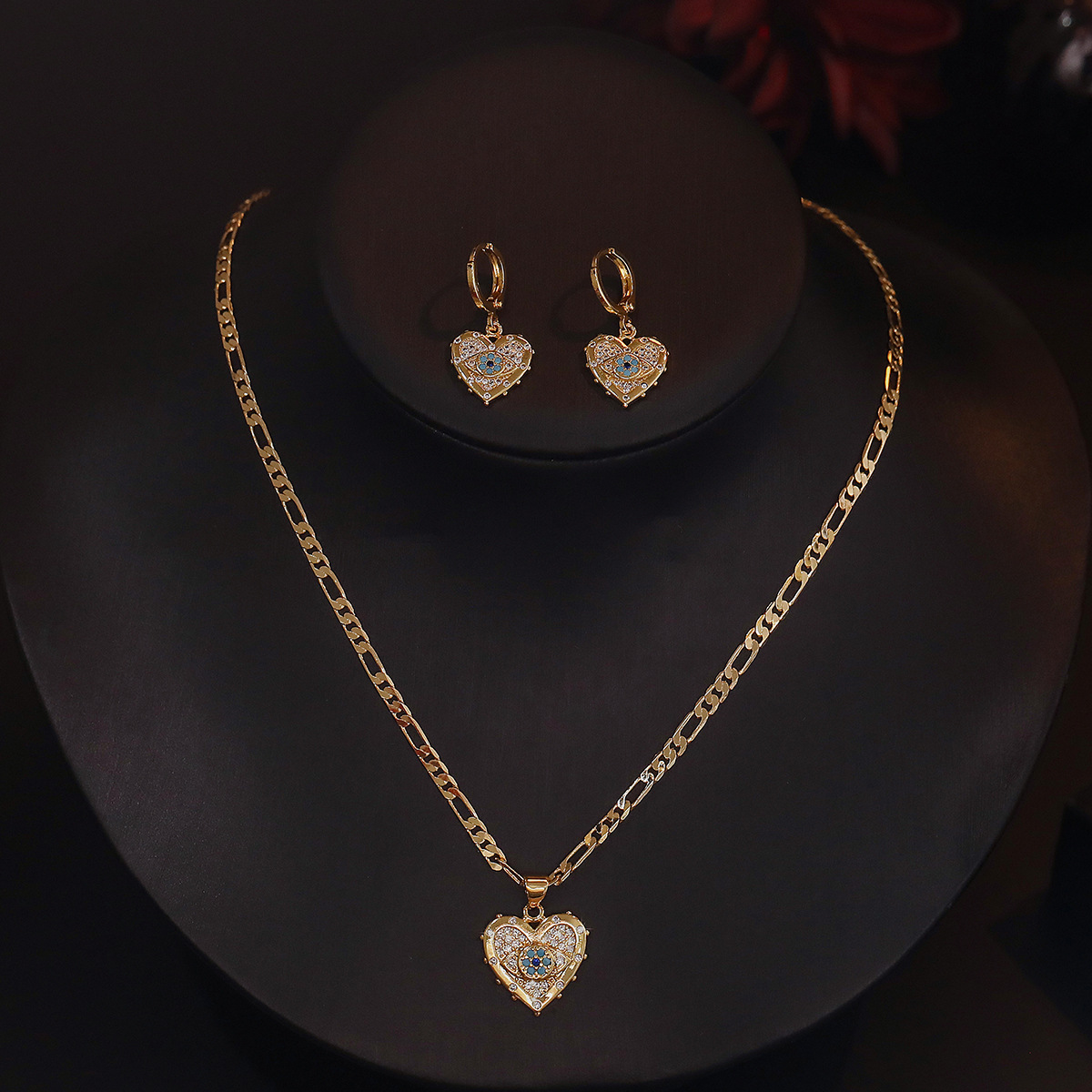 Stylish Copper Plated Real Gold Heart-Shaped Zircon Pendant Necklace & Earring Set - Fashion Jewelry Suite - Image 2