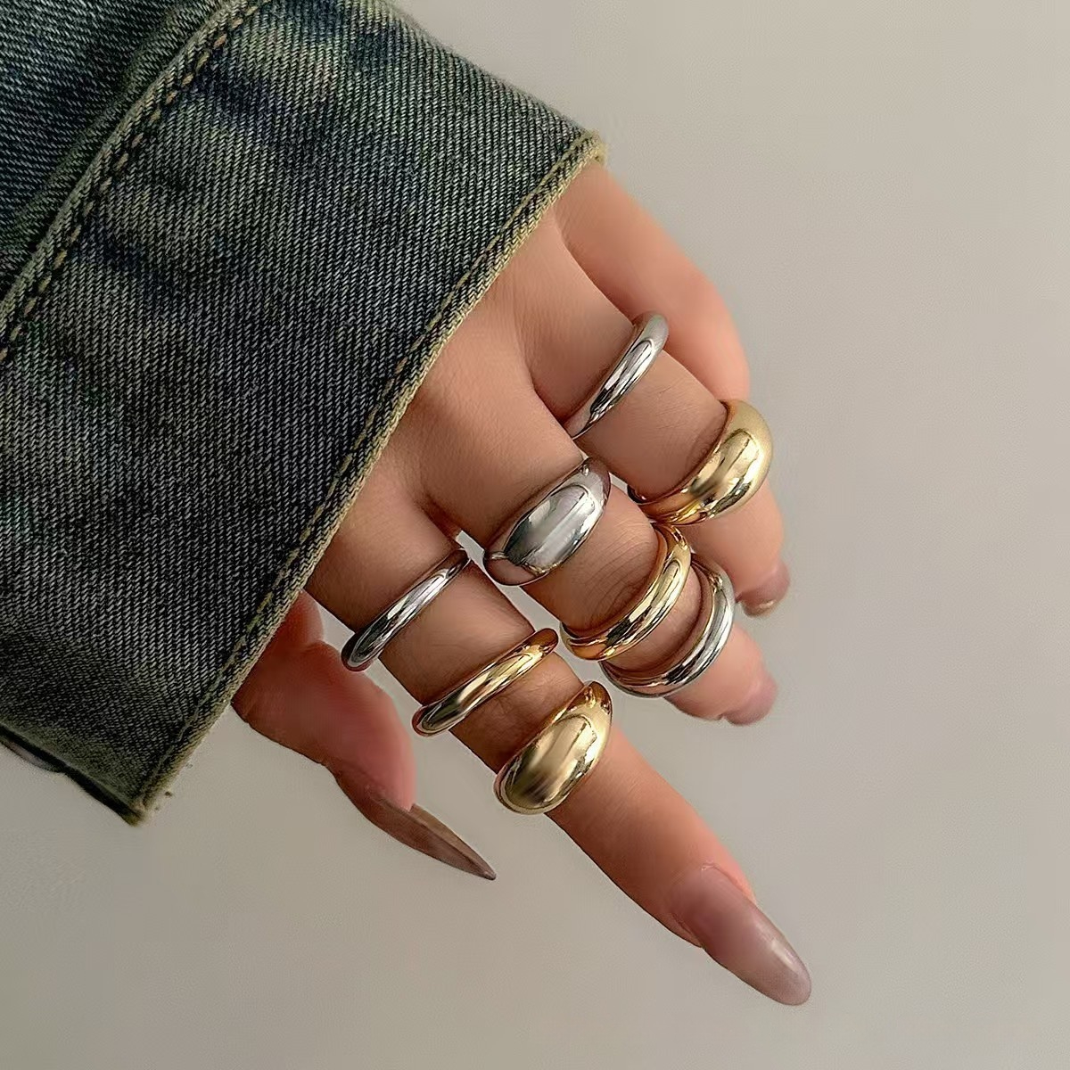 Glossy Metal Texture Ring Set - 8 Exaggerated Geometry Open Rings for Women - Image 2