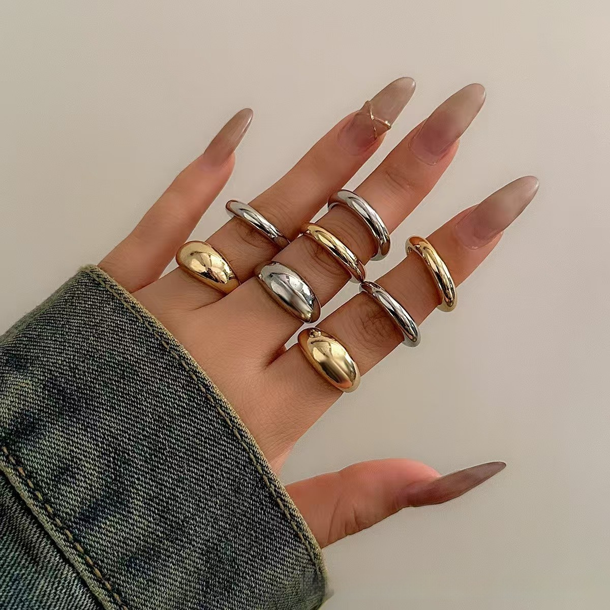 Glossy Metal Texture Ring Set - 8 Exaggerated Geometry Open Rings for Women - Image 3