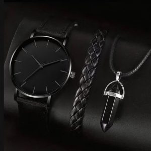 Men's Disc Watch with Rectangle and Beads Bracelet - Elegant Three-Piece Set