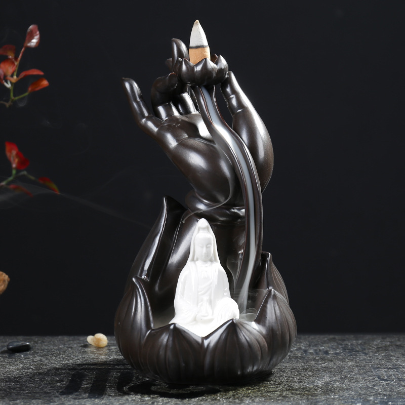 Lotus Bergamot Backflow Incense Burner - Decorative Guanyin Tathagata Ceramic Craft - Image 3
