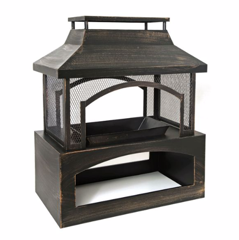 37 Inch Rectangular Metal Outdoor Wood Burning Fireplace - Stylish Outdoor Fireplace with Built-in Log Storage & Brush Stick for Cozy Patio, Garden & Backyard Fire Pits - Image 3