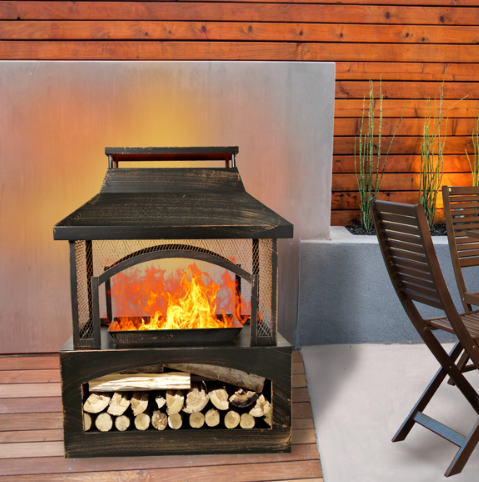 37 Inch Rectangular Metal Outdoor Wood Burning Fireplace - Stylish Outdoor Fireplace with Built-in Log Storage & Brush Stick for Cozy Patio, Garden & Backyard Fire Pits - Image 6