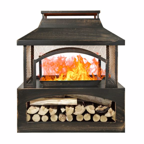 37 Inch Rectangular Metal Outdoor Wood Burning Fireplace - Stylish Outdoor Fireplace with Built-in Log Storage & Brush Stick for Cozy Patio, Garden & Backyard Fire Pits - Image 7