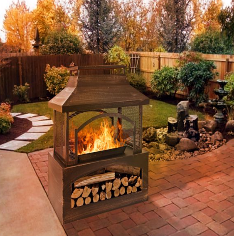 37 Inch Rectangular Metal Outdoor Wood Burning Fireplace - Stylish Outdoor Fireplace with Built-in Log Storage & Brush Stick for Cozy Patio, Garden & Backyard Fire Pits - Image 12