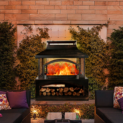 37 Inch Rectangular Metal Outdoor Wood Burning Fireplace - Stylish Outdoor Fireplace with Built-in Log Storage & Brush Stick for Cozy Patio, Garden & Backyard Fire Pits - Image 13